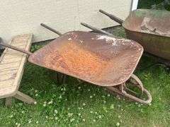Wooden Chair, Wooden Benches, & Two Wheelbarrows