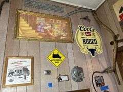 Keystone Light Framed Sign, Justin Boots Sign, Belt Buckle, Coors Banquet Beer Sign, Scythe, & More