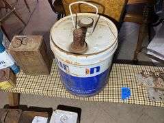 Collection of Oil Cans & Related Plus a "B" Branding Iron & a Bench