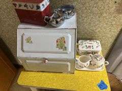 Small Yellow Table, Bread Box, Basket, Liquid Dispenser, & More