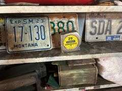 Shelf Of Items - License Plates, Tape Measure, Good Fire Extinguisher, Alternator, & More