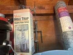 Contents of Shelf - Roadmaster Tricycle, Yard Sprayers, WD-40, Wood Plane, Poultry Netting, & More
