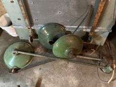 Green Enamel Light Shades, Few Tire Chains, Bucket, & Cart