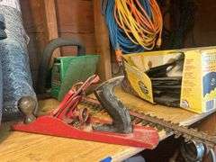 Contents of Shelf - Roadmaster Tricycle, Yard Sprayers, WD-40, Wood Plane, Poultry Netting, & More