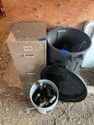 Two Drawer Filing Cabinet, Garbage Can, Rubber Boots, & Sprinklers