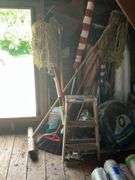 Short Footstep Ladder, Sump Pump, Hose, Brooms, & Mops
