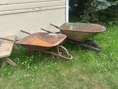 Wooden Chair, Wooden Benches, & Two Wheelbarrows