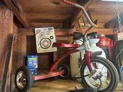 Contents of Shelf - Roadmaster Tricycle, Yard Sprayers, WD-40, Wood Plane, Poultry Netting, & More
