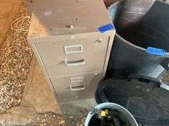 Two Drawer Filing Cabinet, Garbage Can, Rubber Boots, & Sprinklers