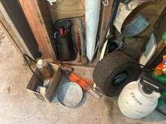Items on the Wall & in the Cupboard - Extension Cords, Clamps, Bungee Cords, Yard Sprayers, Screws, 