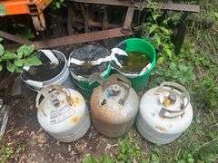 Engine Stand, Small Disc, Old Propane Tanks, Riding Lawnmower, & More