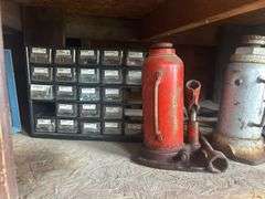 Contents of Shelf & Items on the Ground - Hardware Organizers, Jack Stands, Bottle Jacks, Grub Kille
