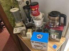 Coffee Makers, Percolator, Blenders, & Rack On The Wall with Plates