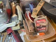Contents of Tabletop - Tools, Wrenches, Painting Supplies, Fixtures, Copper Fittings, & Map Pro Gas