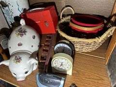 Pocket Watch, Ceramic Pig Figure, Alarm Clocks, Pencil Sharpener, Garbage Can, & More