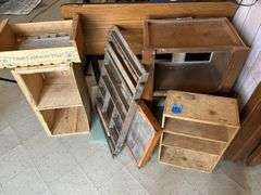 Collection of Wooden Boxes, Cupboard Part, Display Pieces, & Ribbed Glass