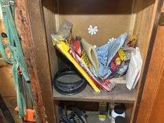 Items on the Wall & in the Cupboard - Extension Cords, Clamps, Bungee Cords, Yard Sprayers, Screws, 