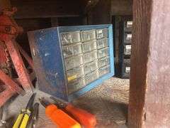 Contents of Shelf & Items on the Ground - Hardware Organizers, Jack Stands, Bottle Jacks, Grub Kille
