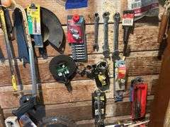Items Hanging on the Wall - Tools, Battery Cables, Corded Drill, Barrel Pump, Saw Blades, & More