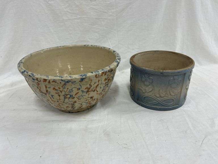 11-inch Spongeware Bowl & 7-inch Red Wing Butter Crock Bowl