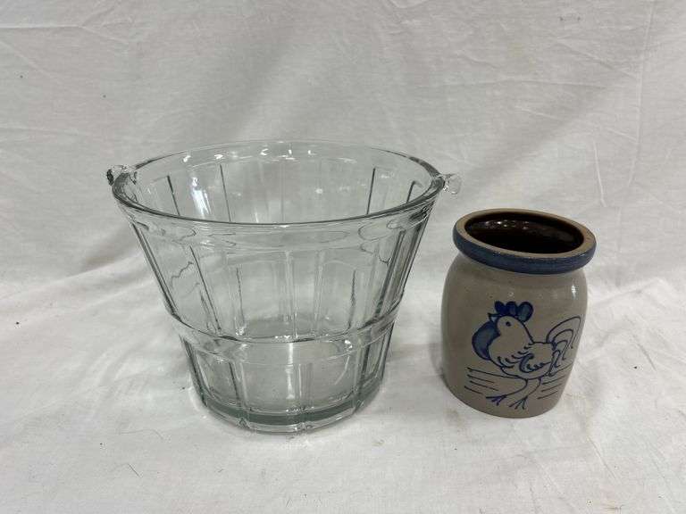 Glass Ice Bucket & Pottery Crock with a Chicken Image