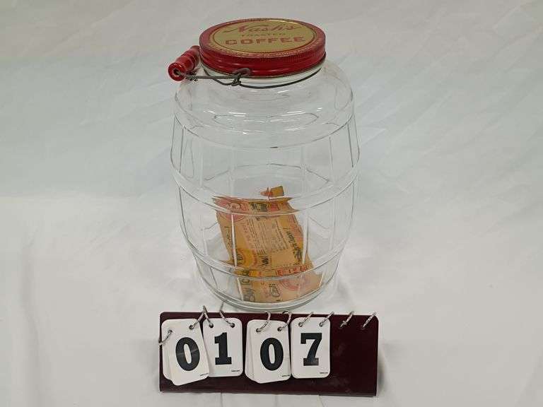 A Large Nash Coffee 3 Lb Capacity Glass Barrel Jar