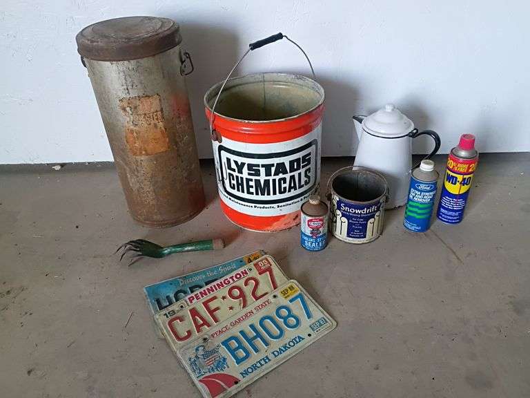 Shotgun cream pail, license plates, enamel coffee pot, more
