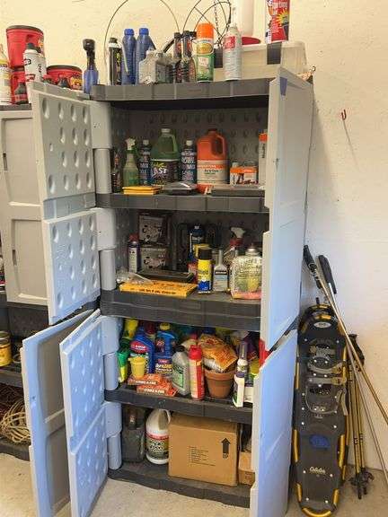 Stacked Rubbermaid Plastic Storage Cabinets with Contents - Automotive Fluids, Stihl Fluids, Movers Dollies, Cleaning Fluids, Lawn Maintenance Stuff, & More