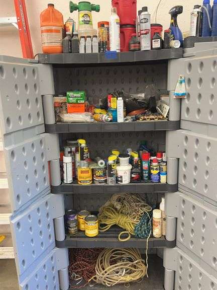 Rubbermaid Plastic Storage Cabinet with Contents