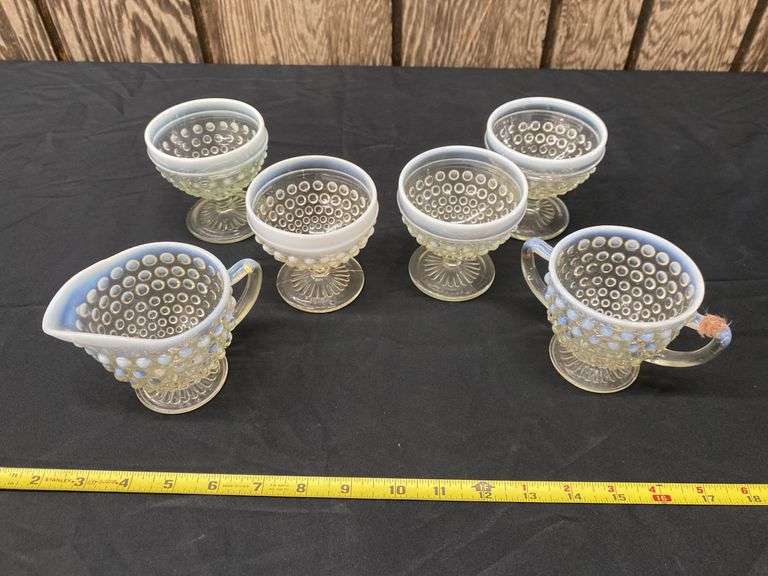 MOONSTONE OPALESCENT CREAMER AND SUGAR AND GLASSES