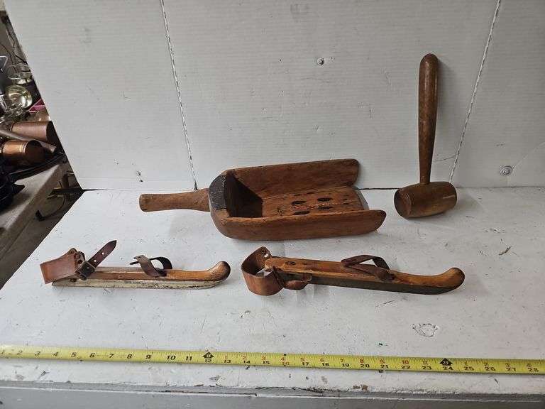 WOOD SCOOP, MALLET & WOOD STRAP ON ICE SKATES