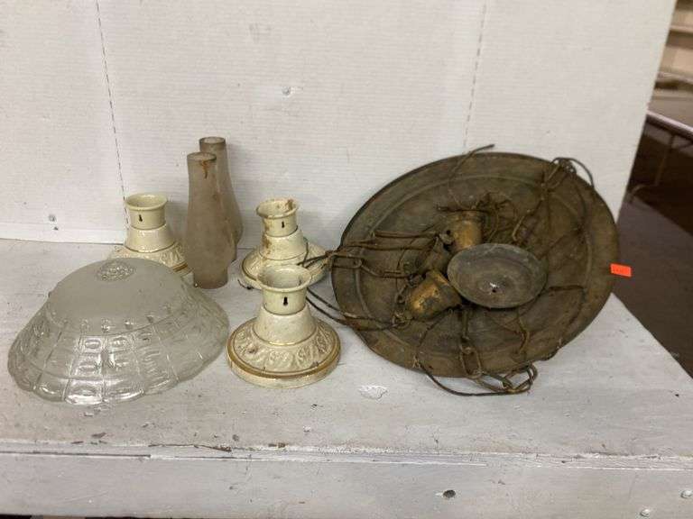 VINTAGE CEILING LIGHTS, OIL LAMPS, AND GLASS LIGHT SHADE
