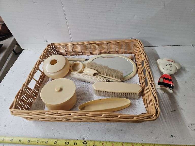 ASSORTED DRESSER TOP ITEMS, CHARLIE BROWN BRUSH