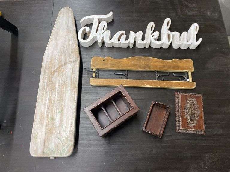 WOODEN IRONING BOARD, WALL HANGINGS, AND CHINESE TEA CADDY - Isabell