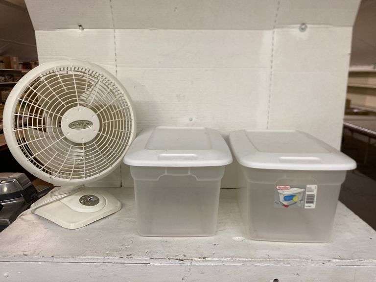 LASKO DESKTOP FAN AND TWO SMALL TOTES