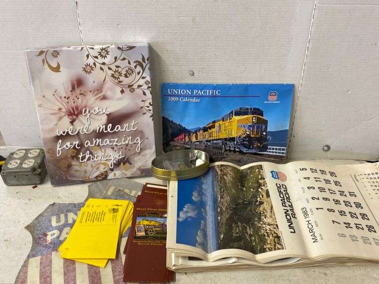 ASSORTED UNION PACIFIC CALENDARS, STICKERS, PINS, WALL HANGING, ECT