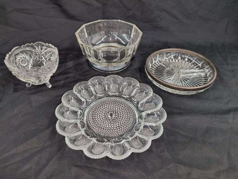 VINTAGE EGG PLATE, FOOTED BOWL, SILVER RIM BOWL, SILVER BASE BOWL