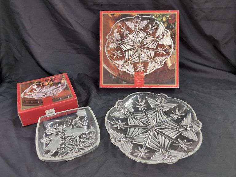 GORHAM CRYSTAL 13-1/2" PLATTER & (2) 8" SQUARE BOWLS