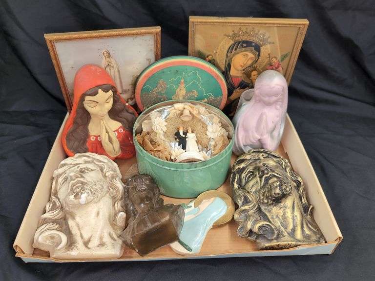 ASST'D VINTAGE RELIGIOUS COLLECTIBLES, PICTURES, VINTAGE TIN WITH WEDDING CAKE TOPPER