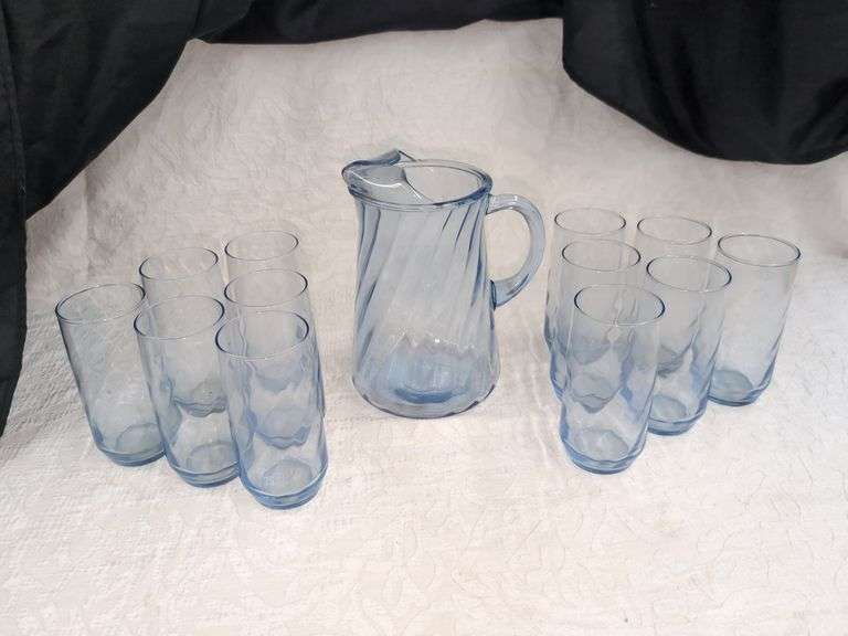 13-PC. VINTAGE BLUE GLASS WATER SET