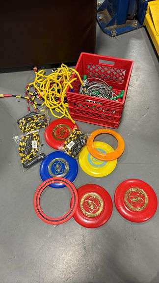 ASSORTED FLYING DISCS, POWER JUMP ROPES, CRATE, ETC.
