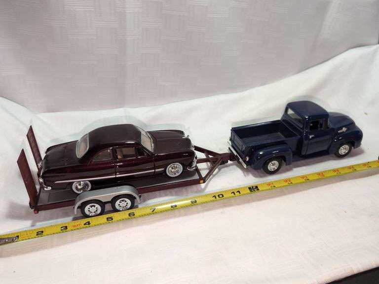 1956 FORD PICKUP, 1949 FORD COUPE CAR, & FLATBED TRAILER DIECAST MODELS