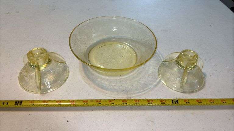 3 PIECE FLORENTINE YELLOW DEPRESSION CENTERPIECE SET