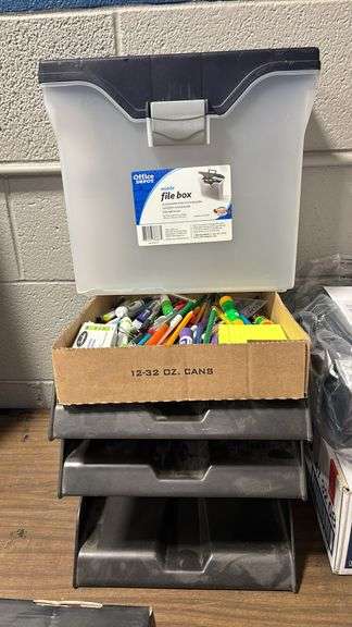 ASSORTED PENS, PENCILS, STAPLES, OFFICE SUPPLIES, FILE BOX, ETC.