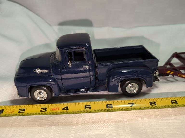 1956 FORD PICKUP, 1949 FORD COUPE CAR, & FLATBED TRAILER DIECAST MODELS