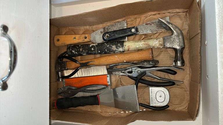 ASSORTED PLIERS, HAMMERS, TAPE MEASURE, ETC.