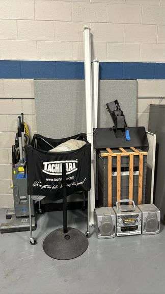 (2) VACUUMS (NEED REPAIR), BALL CART (NEEDS SEWN), STEREO (NO CORD), TV MOUNT, PARTITION, ETC...