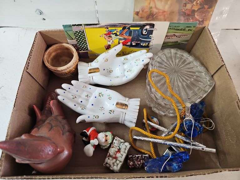 MAGNIFYING GLASSES, WALLET, CHALK, POSTCARDS, WIND CHINE, HANDS, ETC.