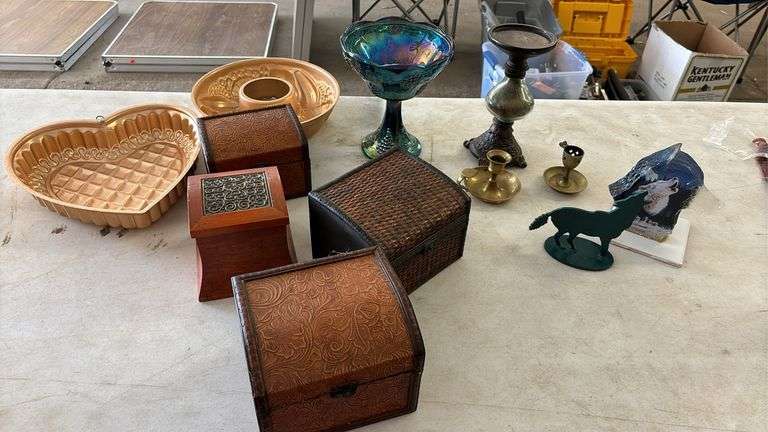 ASSORTED WOOD BOXES, CANDLESTICKS, CARNIVAL GLASS CANDY DISH (CHIPPED), ETC.