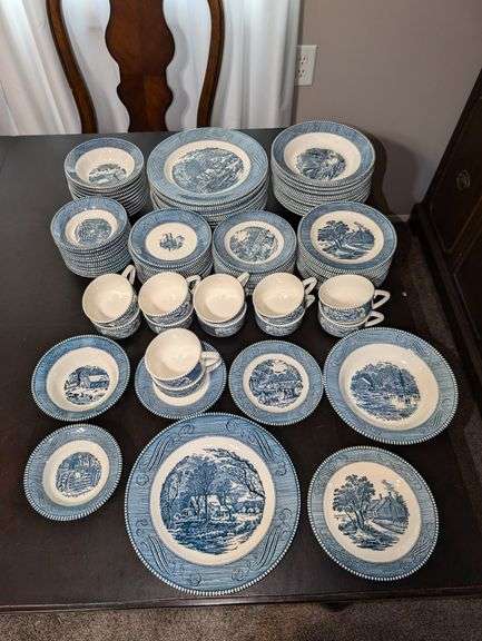 96-PC. CURRIER & IVES OLD GRIST MILL CHINA DISHES SET (12 PLACE SETTING)